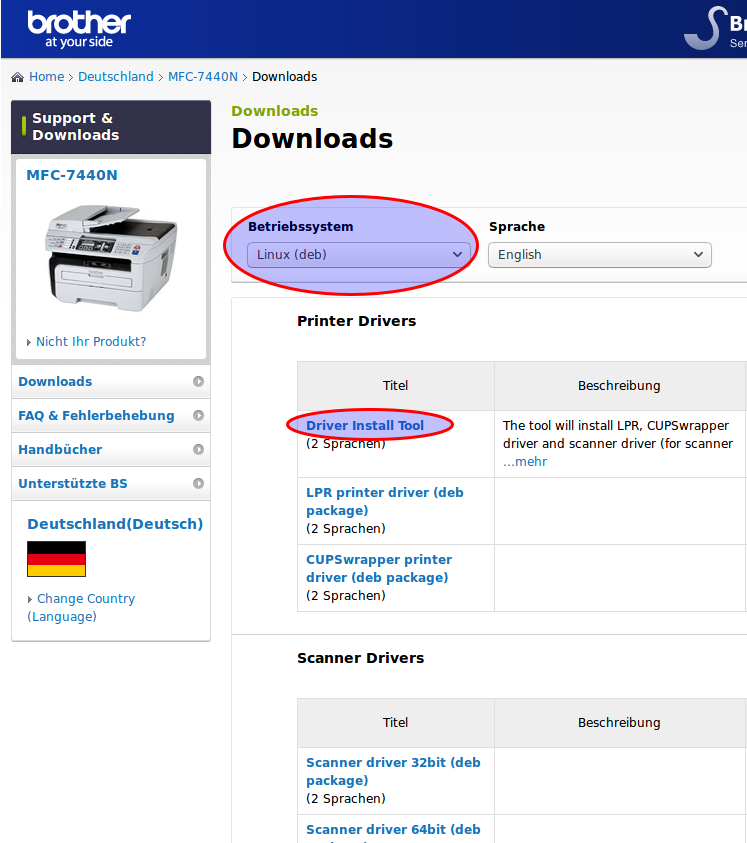 Screenshot der Linux-Treiber-Download-Website (brother.com)