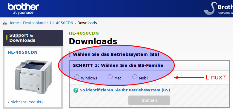 Screenshot der Treiber-Download-Website (brother.com)