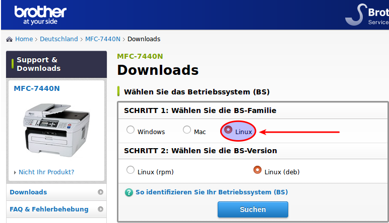 Screenshot der Linux-Treiber-Download-Website (brother.com)